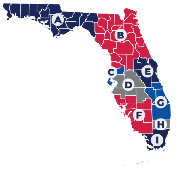 Map of Flolrida divided by AHCA Regions A-I