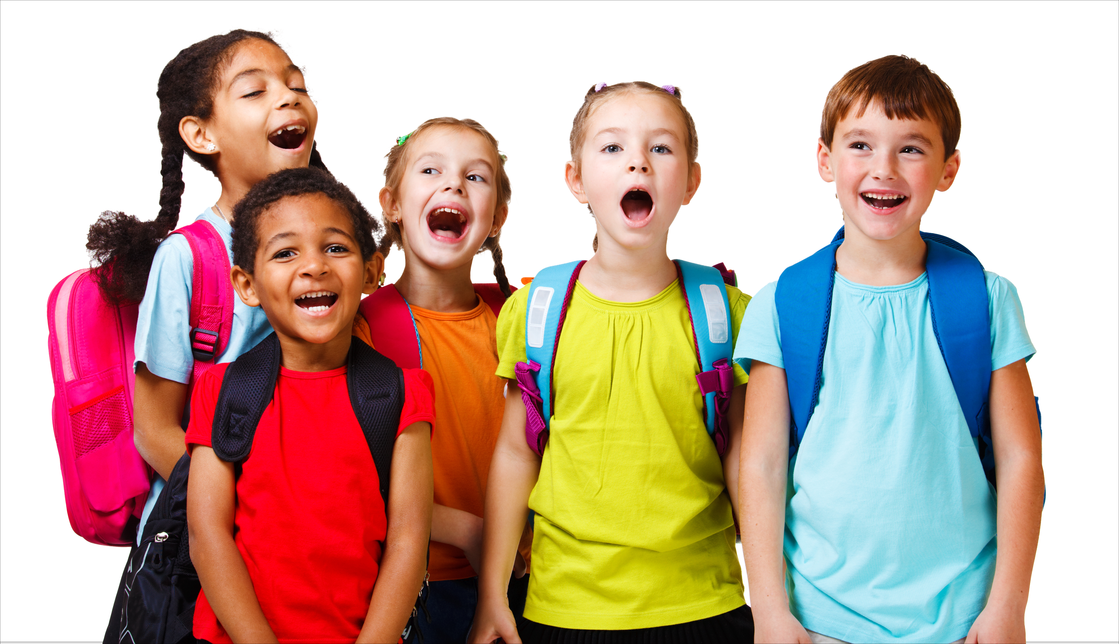 Group of young schoolchildren wearing backpacks and making funny faces.