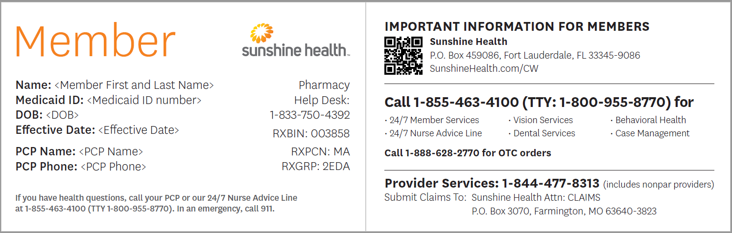 Sunshine Health Pathway to Shine Specialty Plan (CW) Member ID Card